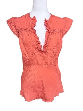 NWT Tristan & Iseut Peach Ruffled Front 100% Silk Romantic Sleeveless Blouse